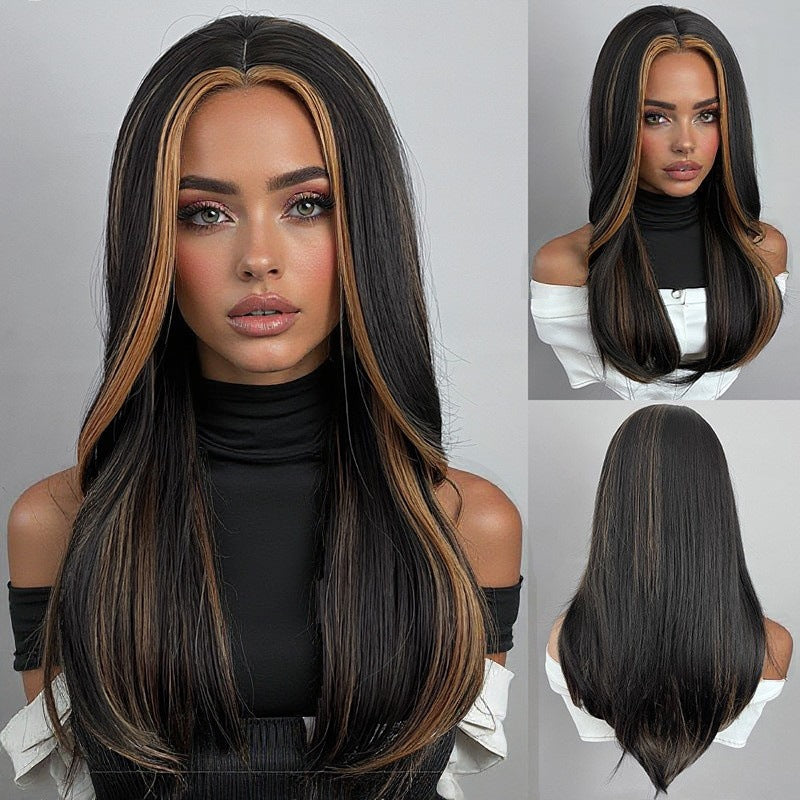 Womens Figure-8 Bangs Black-to-gray Ombre Long Straight Synthetic Hair