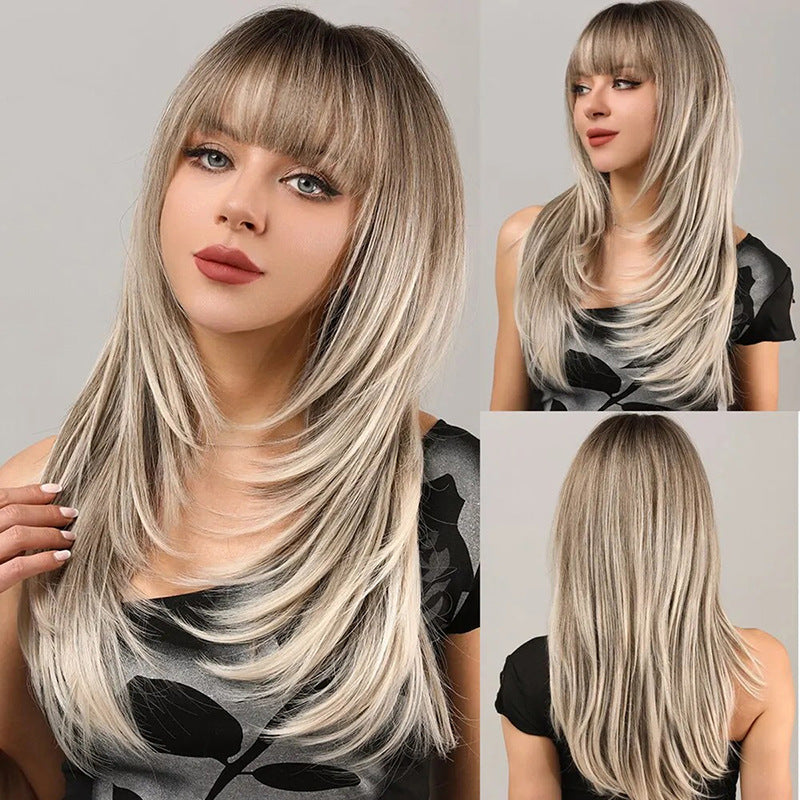 Womens Figure-8 Bangs Black-to-gray Ombre Long Straight Synthetic Hair