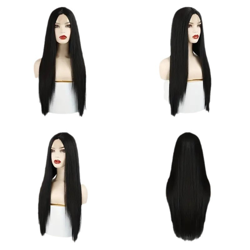 Mid-length Long Hair Black Long Straight Daily Full-head Wig Style