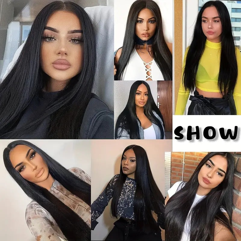 Mid-length Long Hair Black Long Straight Daily Full-head Wig Style
