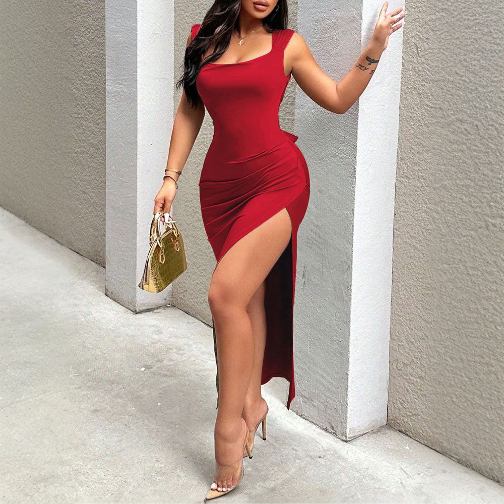 Solid Color Casual Elegant Bright Red Womens Dress