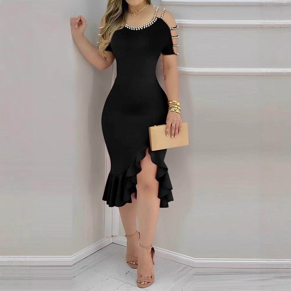 Womens Ruffled-Edge Slit Dress With Pearl Embellishments