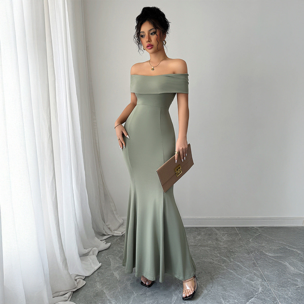 Womens Solid-Color Off-the-Shoulder Slim Long Dress