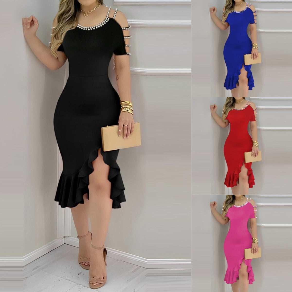 Womens Ruffled-Edge Slit Dress With Pearl Embellishments