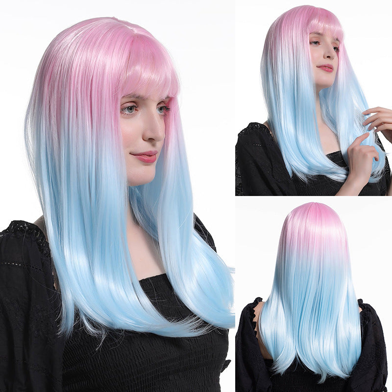 Womens Figure-8 Bangs Black-to-gray Ombre Long Straight Synthetic Hair