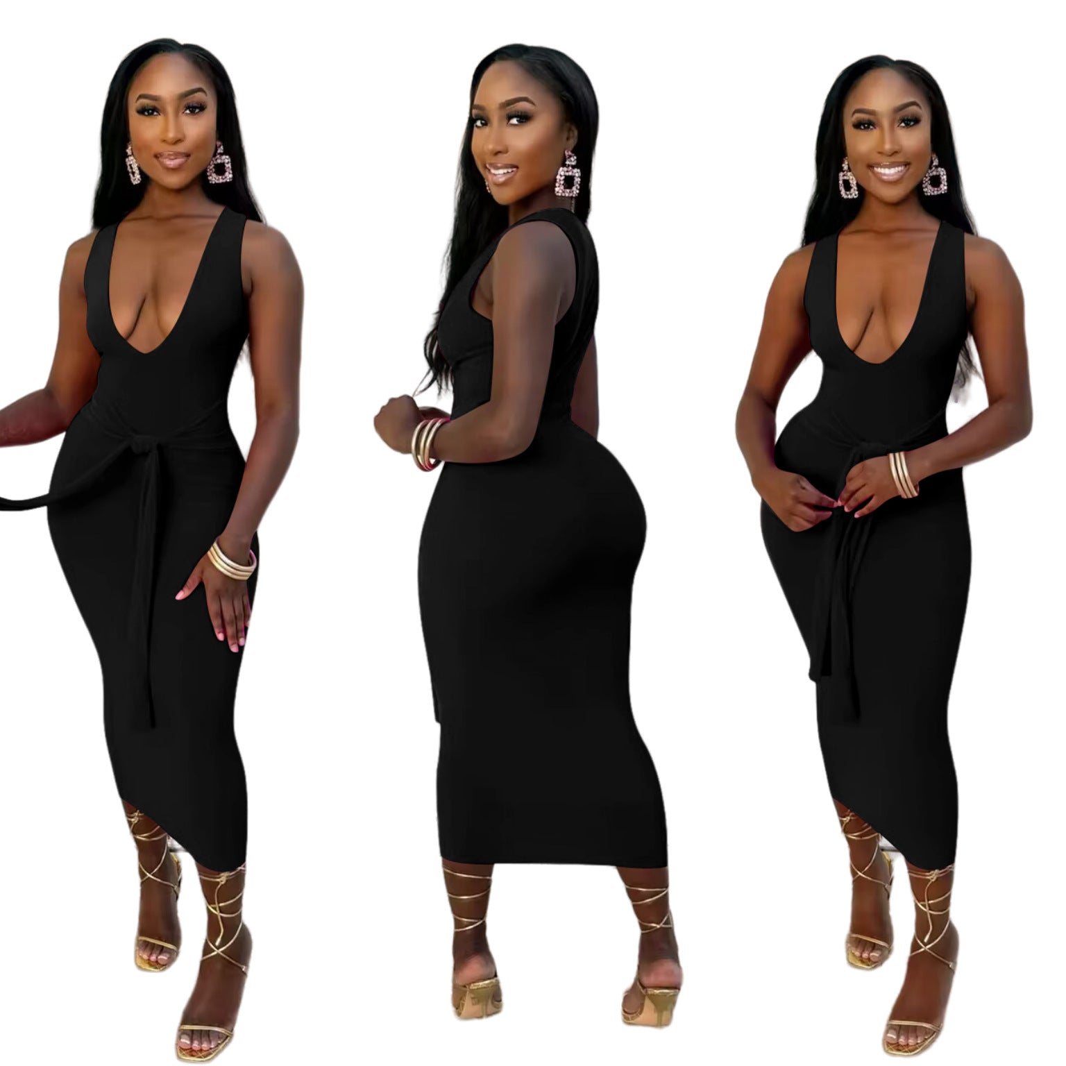 Fashionable V-neck Solid-color Long Dress