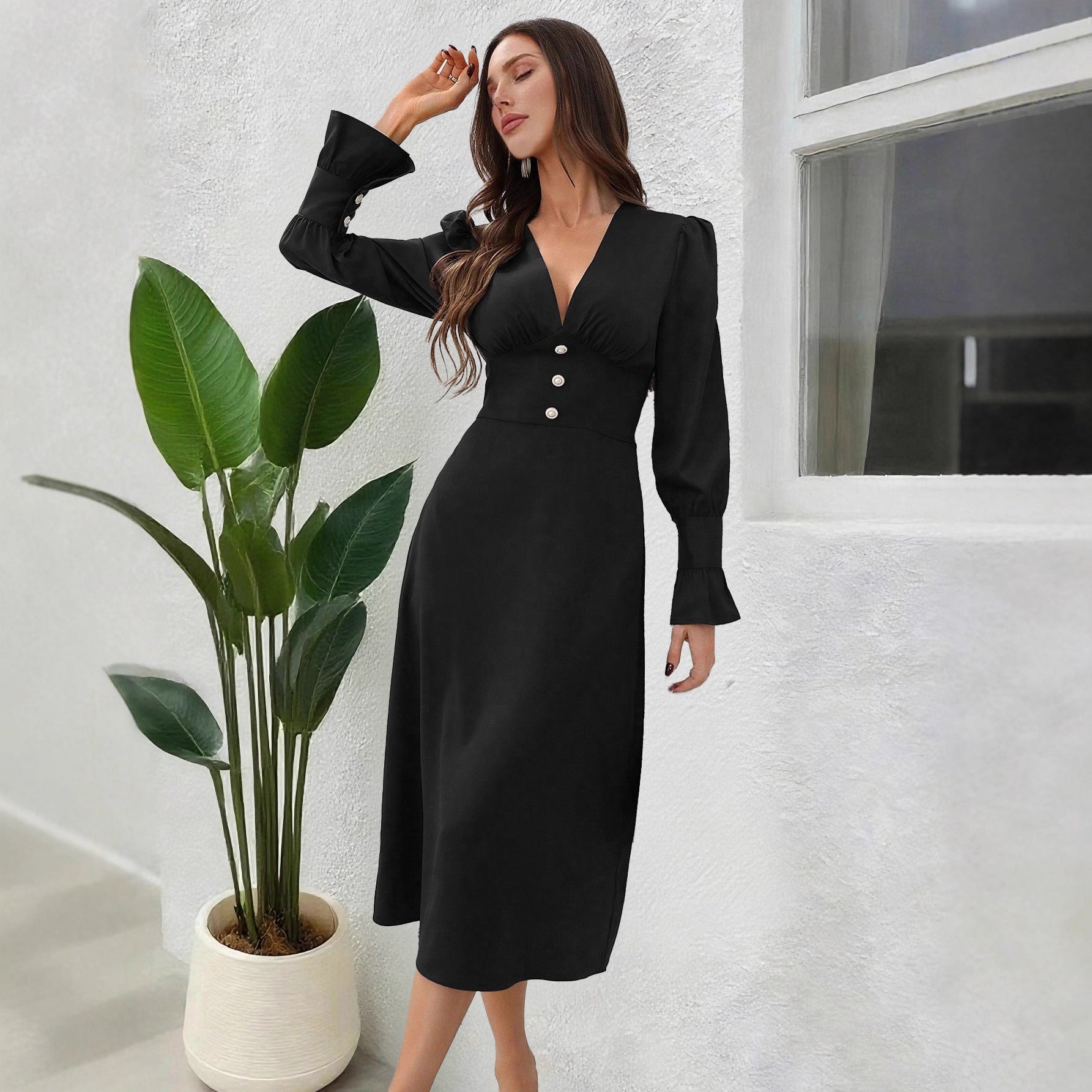 Autumn Casual V-Neck Shirt Dress