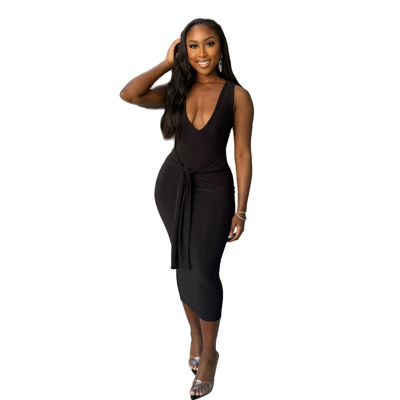 Fashionable V-neck Solid-color Long Dress