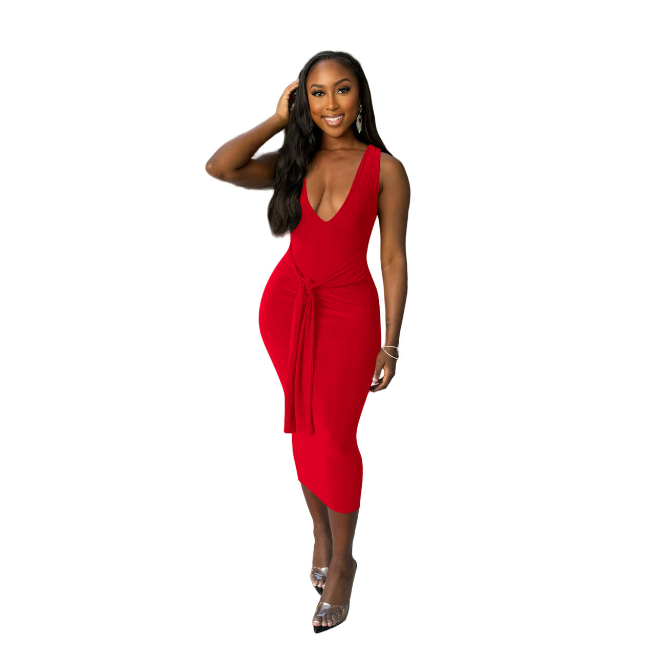 Fashionable V-neck Solid-color Long Dress