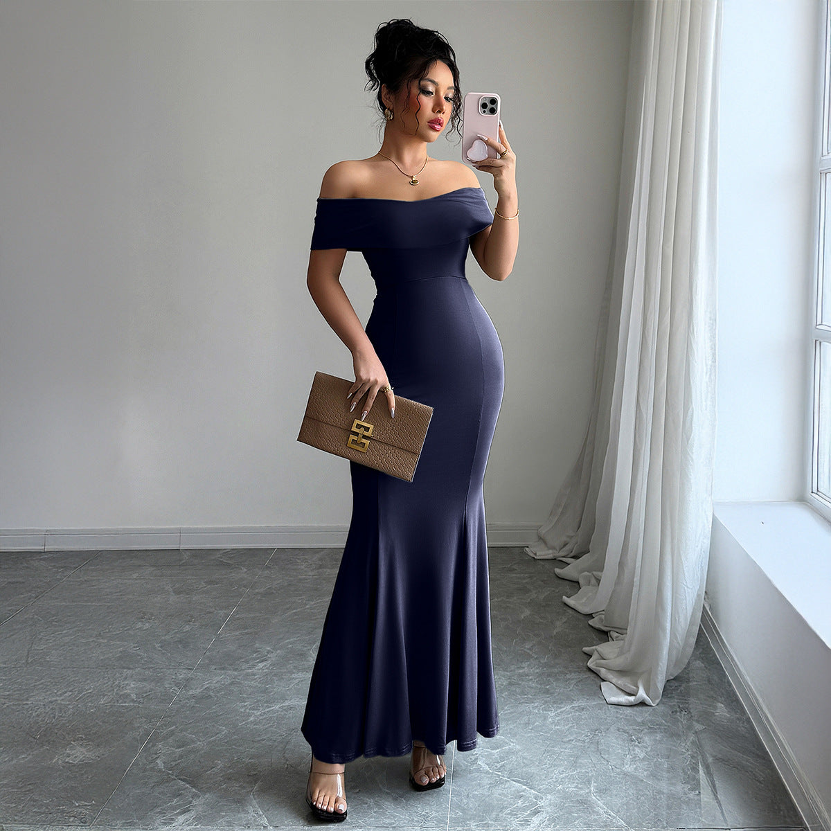 Womens Solid-Color Off-the-Shoulder Slim Long Dress