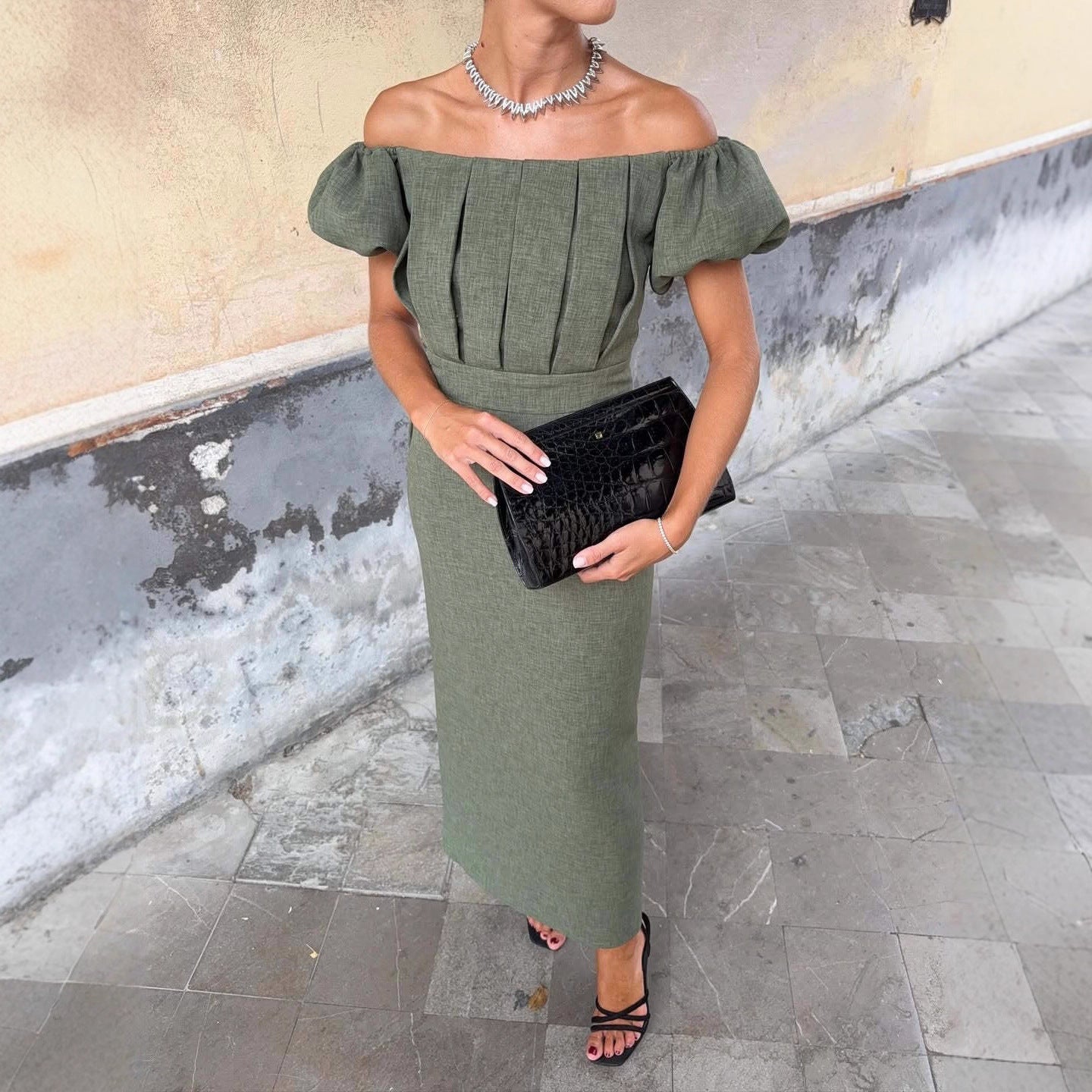 New Arrival Elegant Figure-flattering Long Dress With Short Sleeves