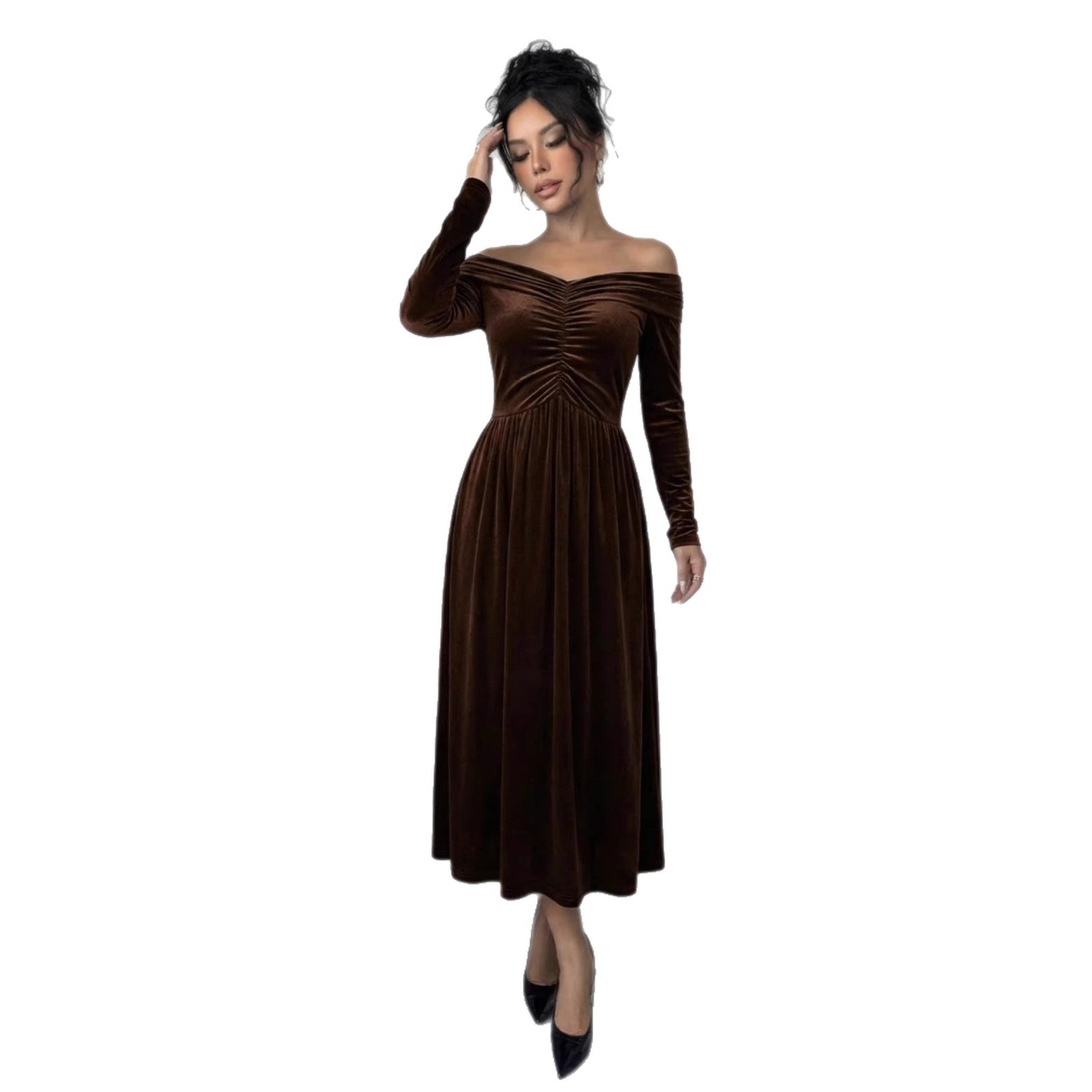 Womens Stylish Figure-hugging Velvet Long-sleeve Dress